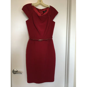 Red sheath work dress, lined, belt, cap sleeves
